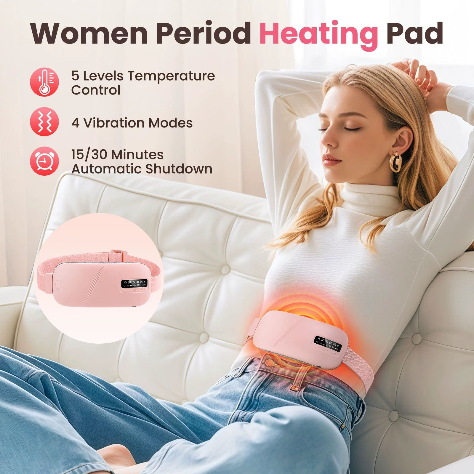 Woman using a women's period heating pad with product features displayed.