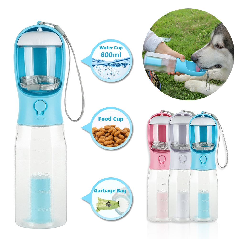 3-in-1 Portable Pet Travel Bottle – Water, Food & Waste Bag Dispenser