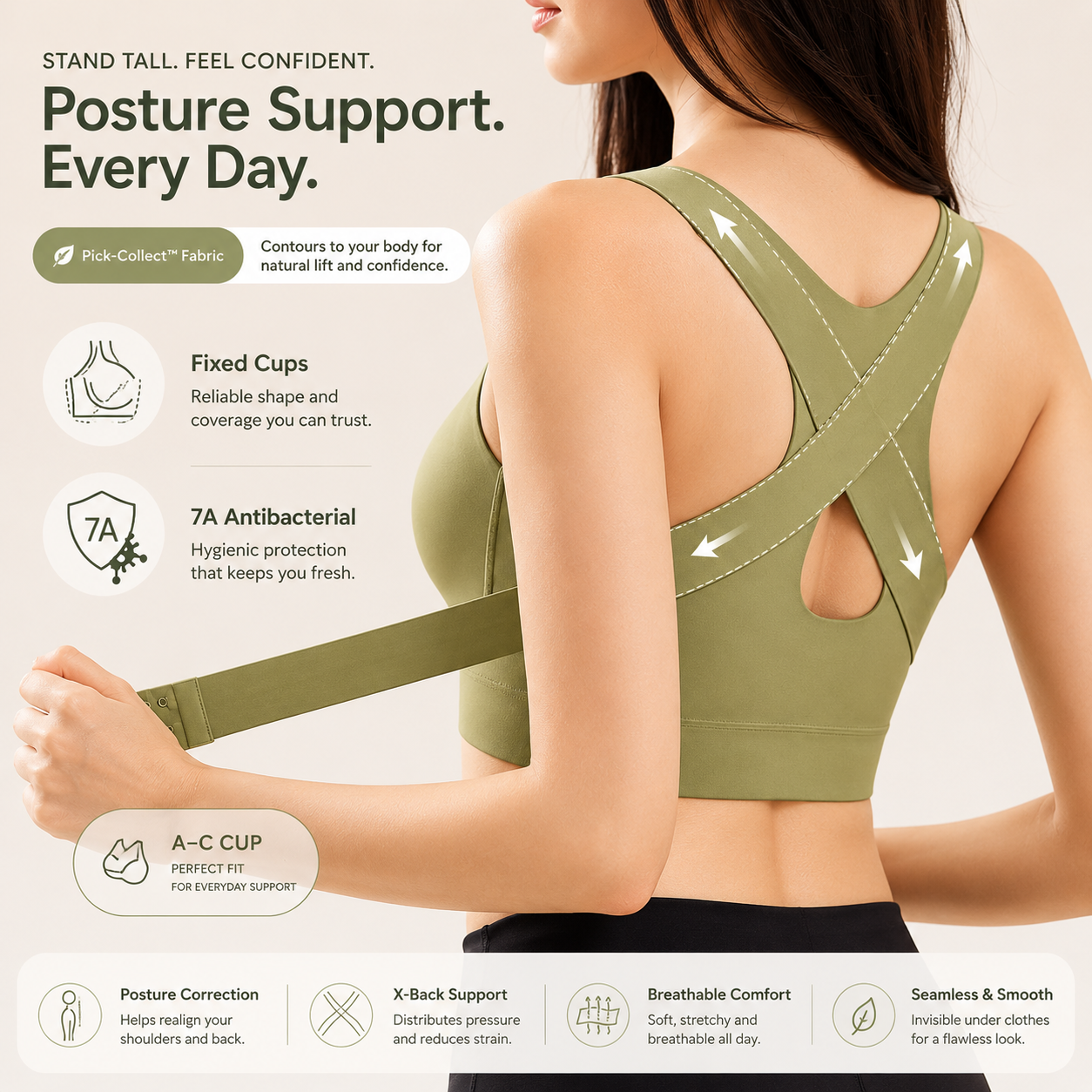 Green posture support brace worn by a person with text highlighting features on a light gray background